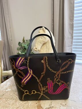 Ralph Lauren Black Leather Tote with Gold Chain & Purple-Pink Scarf Accents